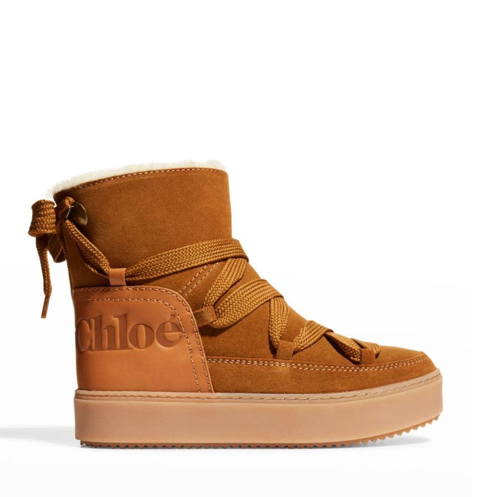 See By Chloe Tan Suede Winter Lace-Up Boot with Shearling Trim